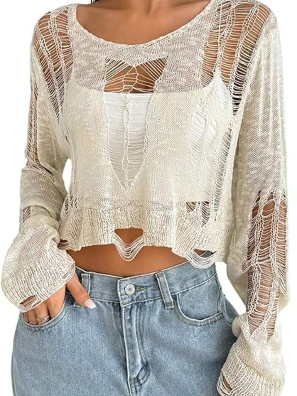 New - Women's Ripped Distressed Knit Top Long Sleeve Hollow Out Crochet Crop Top